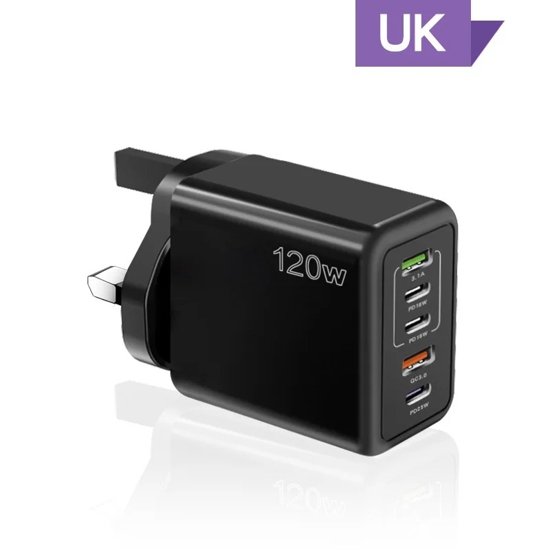 120W 5 Port USB Charger Type C QC 3.0 Fast Charging Mobile Phone Wall Adapter EU/US/UK Plug for iPhone 15 Samsung Xiaomi Huawei: EU