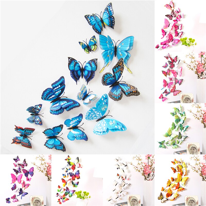 12 Uds pegatinas de mariposa 3D para pared manualidades decoración hogareña pegatinas de pared para sala de estar, dormitorio, cocina, baño, decoración para habitación de niños
