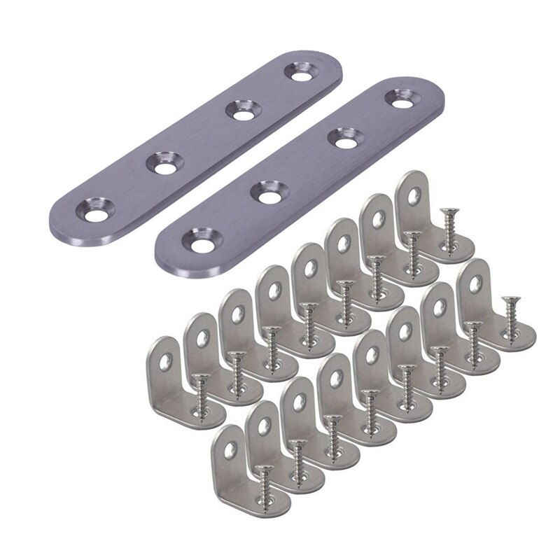 2Pcs Flat Stainless Steel Plate Brackets Support & 16Pcs Brace Corner Steel Joint Right Angle Bracket Fastener: Default Title
