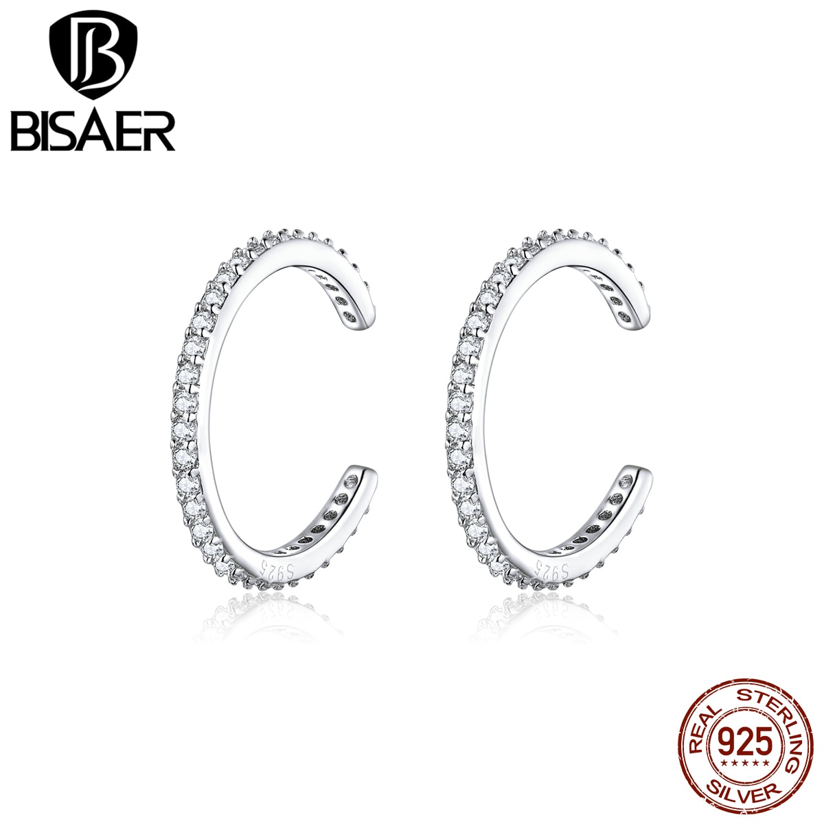 Boucles d'oreilles pince BISAER 925 en argent Sterling & Simple Zircon cubique femmes boucles d'oreilles éblouissante cubique Zircon bijoux ECE842