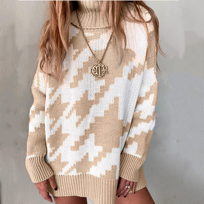 Herfst winter pied-de-poule trui dames trui casual losse lange mouw coltrui vintage koreaanse zwart witte truien tops
