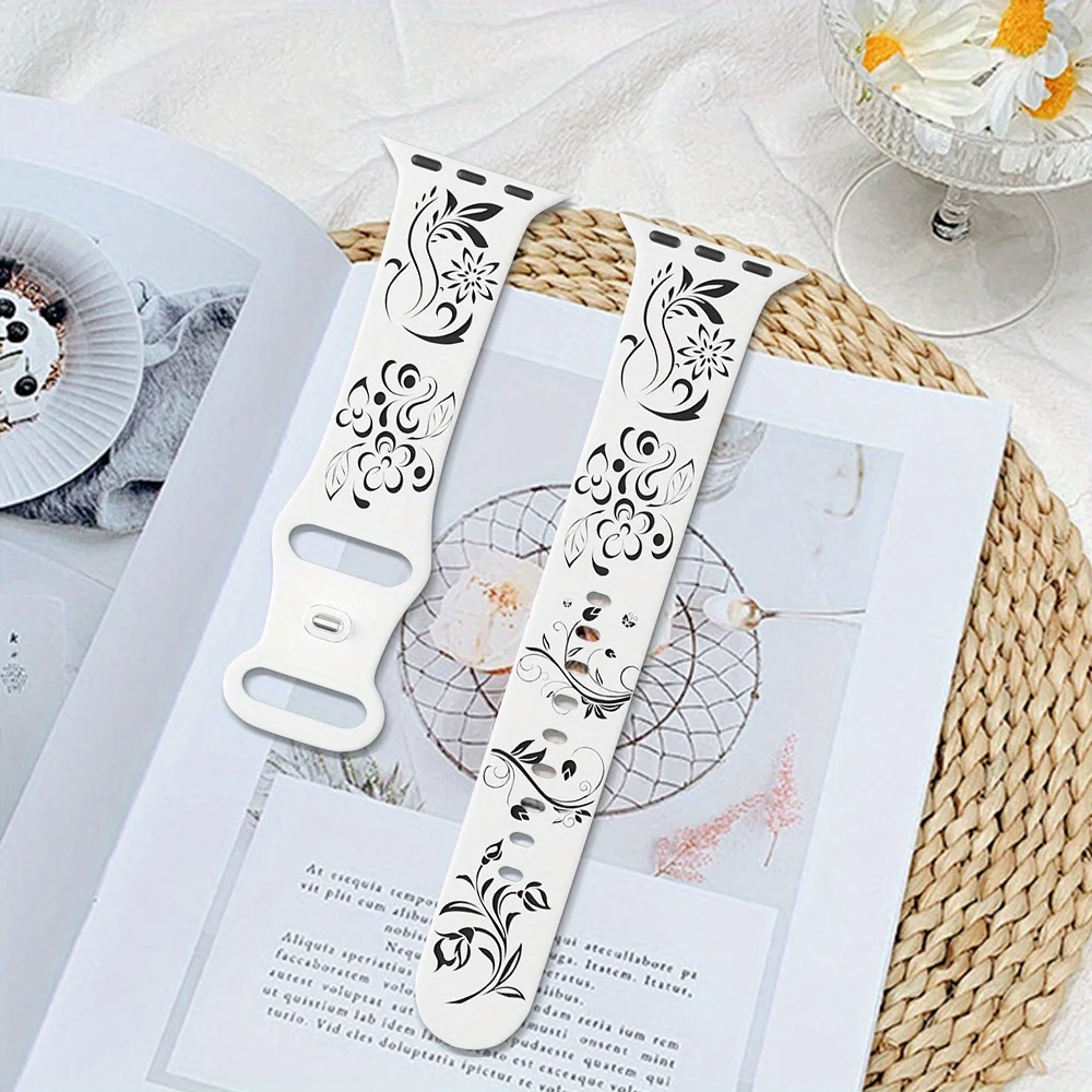 Silicone Floral Engraved Strap For Apple Watch 38/42/46mm 41/44/45mm 49mm Sport Bracelet For iWatch Series 10/9/8/7/6/Ultra Band