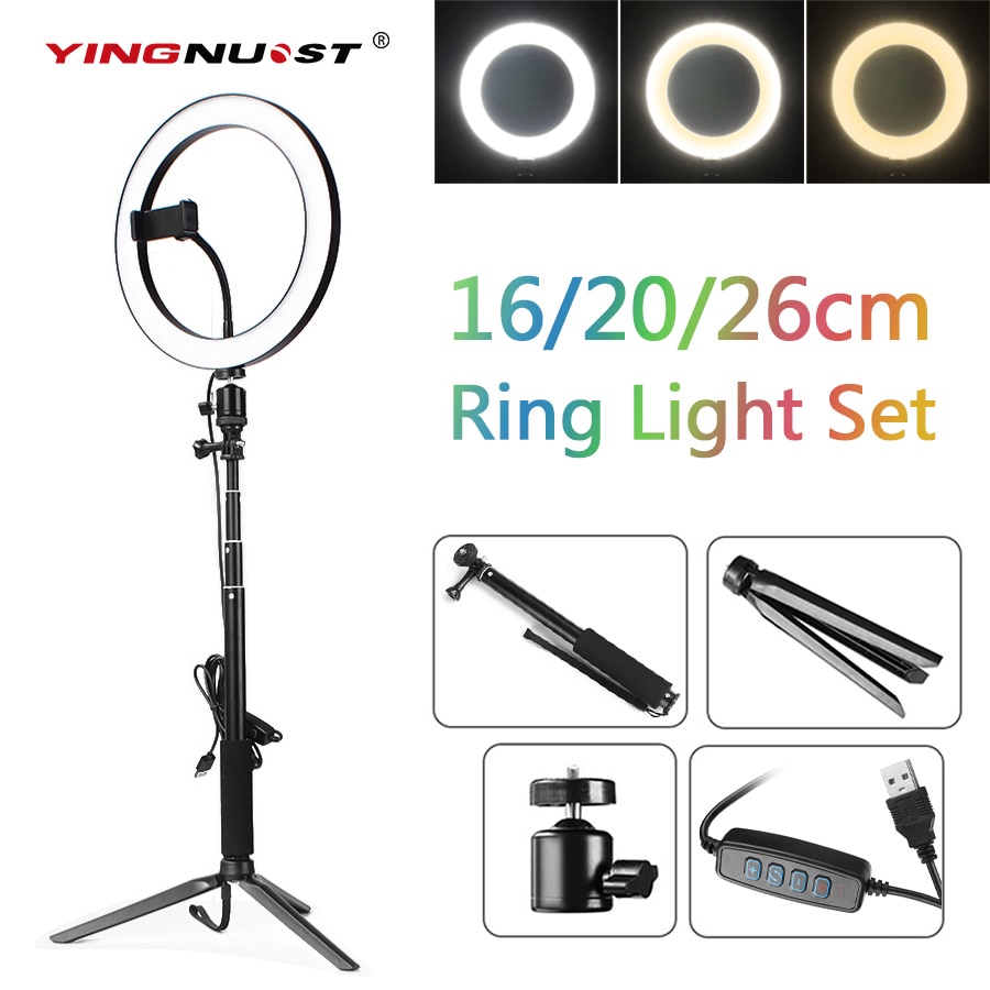 LED Studio Camera Ring Licht Fotografie 16cm 20cm 26cm Foto Camera Ring Licht Met Statief USB Plug voor Telefoon Houder Make Up