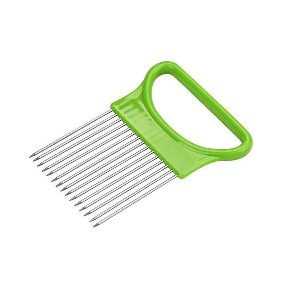 Steel Onion Needle With Cutting Safe Aid Holder Easy Slicer Cutter Tomato Safe Fork Handheld Vegetable Knife Kitchen: Green 10.5x7.8cm
