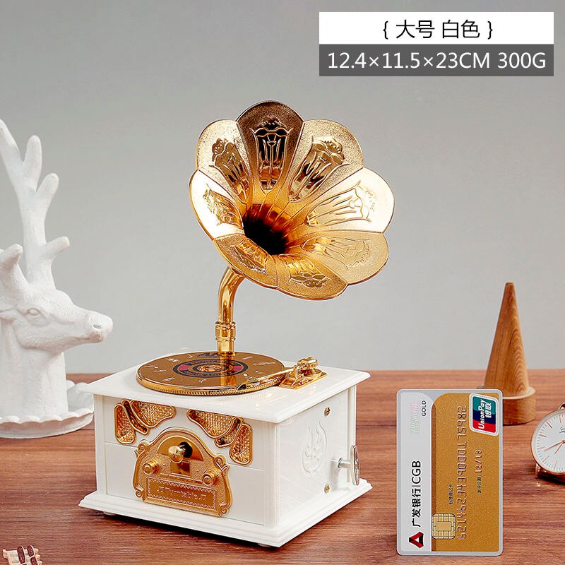 Boîte à musique Gramophone Antique, boîte à musique créative européenne, manivelle, décor de maison, d&#39;anniversaire et de noël: big white