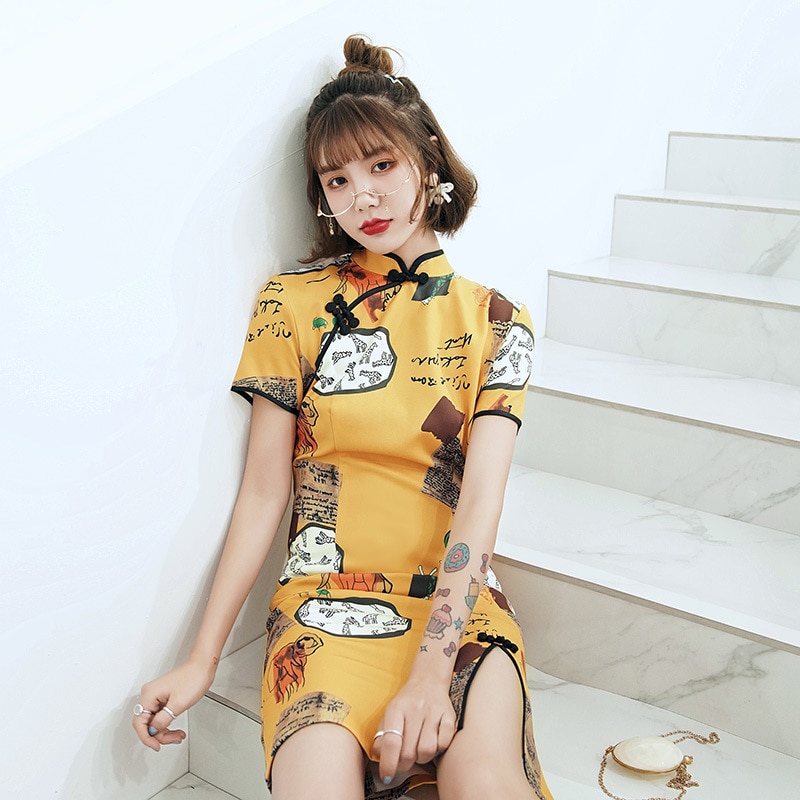 Sheng Coco-vestido Cheongsam elástico para mujer, prenda corta Oriental elástica, Qipao
