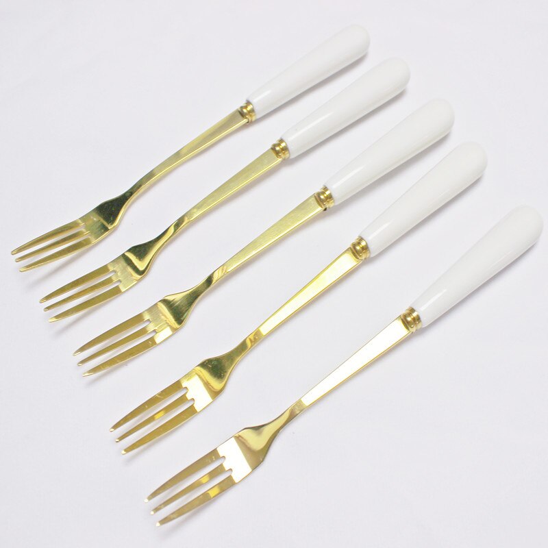 Golden Tableware Marbled Ceramic Cutlery Set Storage Tank Gold Spoon and Fork Set Mirror Coffee Fork Dinner Set: 5pcs White Forks