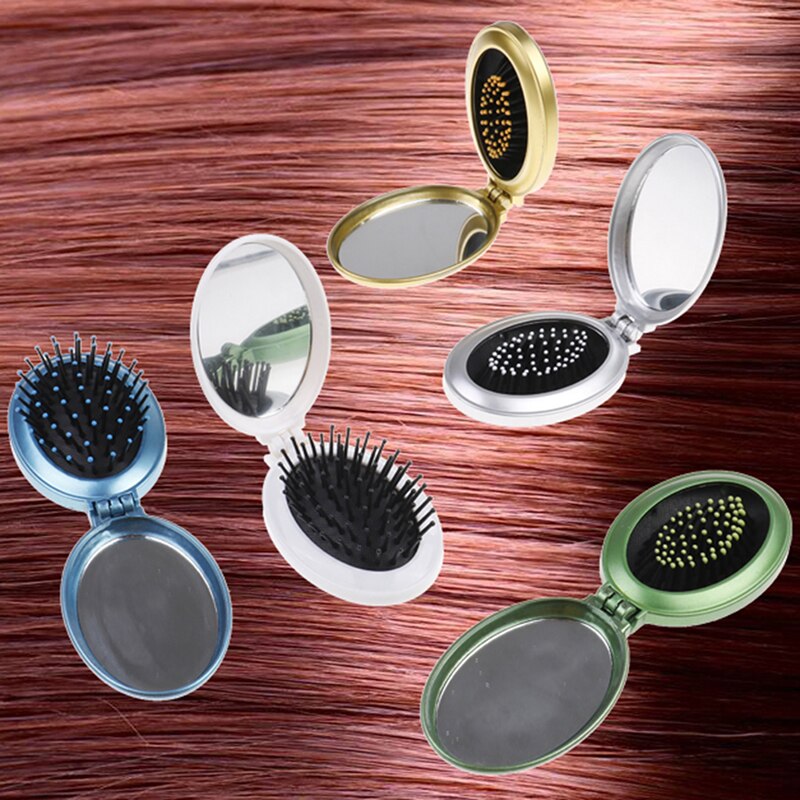 Cepillo de pelo portátil para niña, herramientas de peinado con espejo, 5 colores, bolsillo redondo, tamaño pequeño, peine plegable de viaje