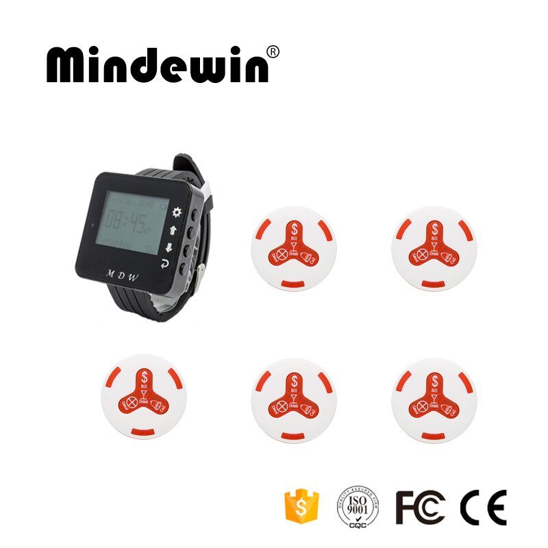 Mindewin 1pc Watch Wrist Receiver + 5pcs Call Button Pager Wireless Restaurant Pager Calling System Restaurant Call Equipment: Red