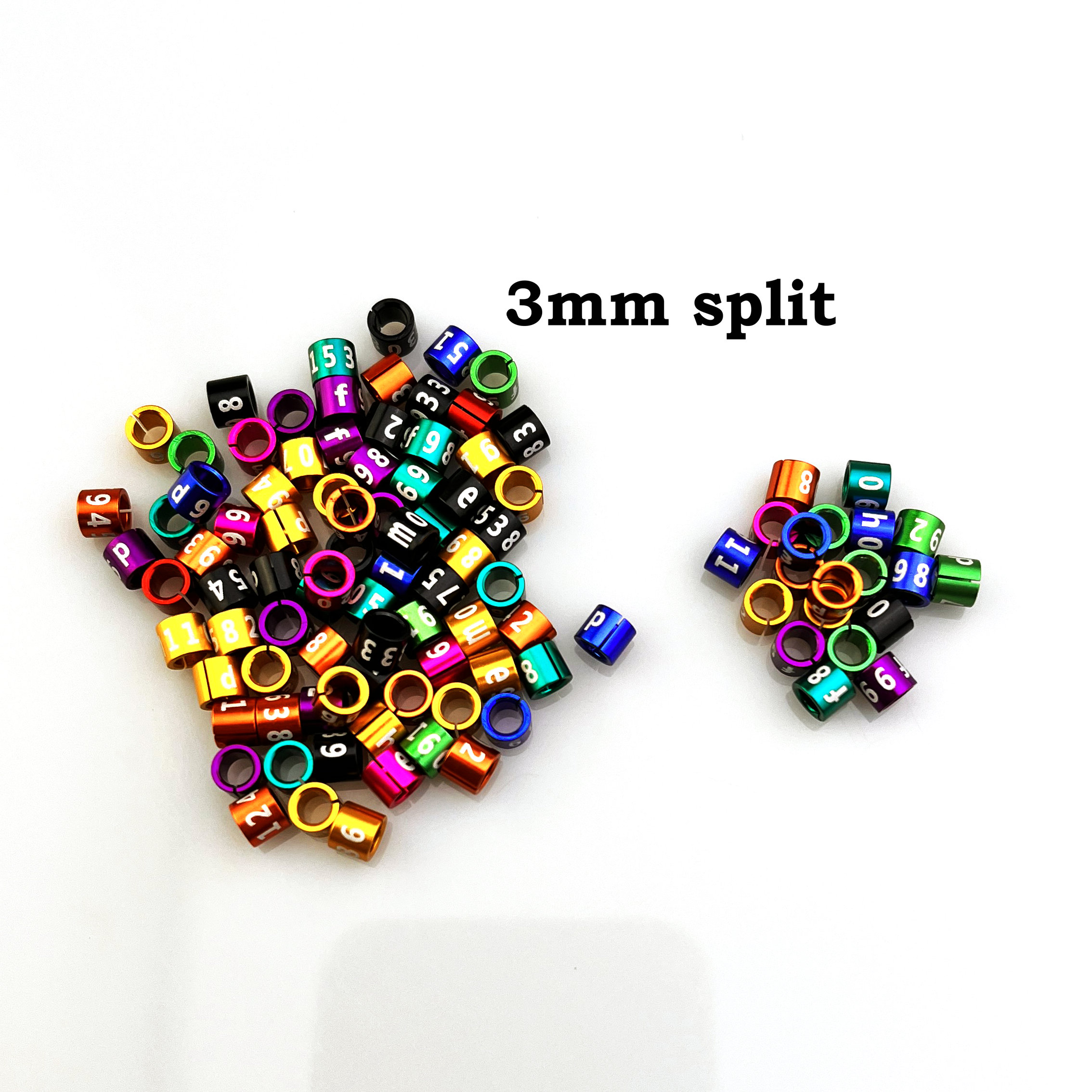Bandas para patas de pájaro divididas, anillos canarios de 3 mm, no personalizados, caracteres aleatorios, mezcla de colores, aluminio, lote de 25 piezas