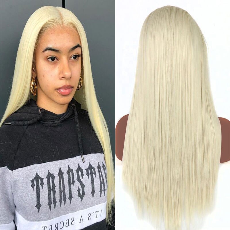 Bombe Blonde couleur longue droite synthétique dentelle avant perruque sans colle résistant à la chaleur fibre cheveux milieu séparation pour les femmes perruques