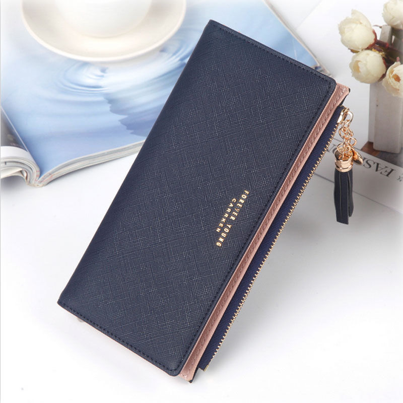 Women Lady Wallets Purse long mobile handbag Leather zip clutch wallet Handbag Long Card Holder Multi-layer: Ink blue