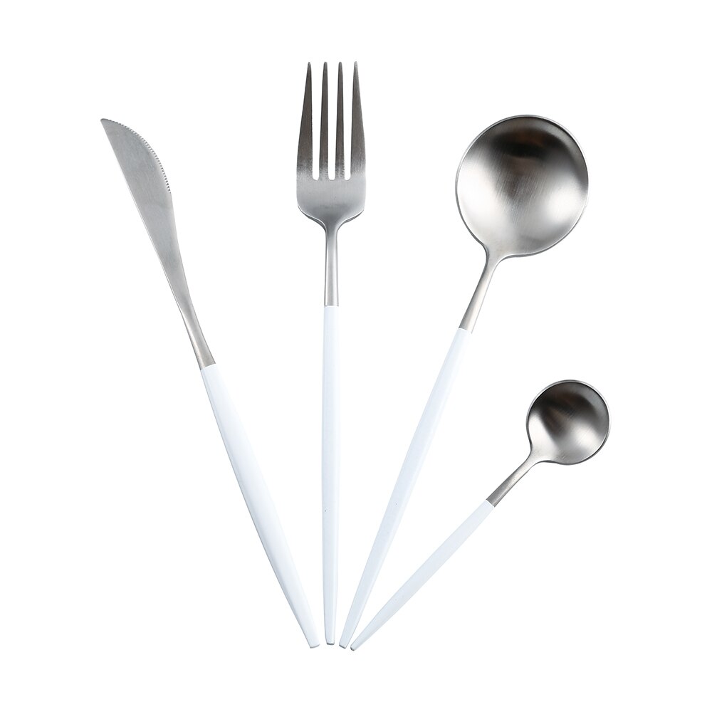Blanc argent acier inoxydable ensemble de couverts couteau cuillère fourchette cuisine vaisselle Steak couverts maison vaisselle haut de gamme Service de dîner: White silver