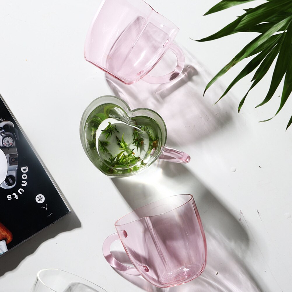 Couple Lover Single Walled Heart Shaped Glass Cup Juice Coffee Mug with Handle