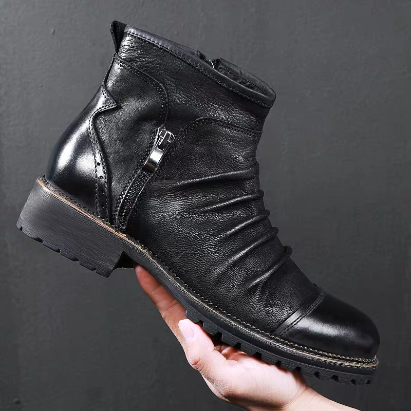 Yomior New Fashion Vintage brytyjskie męskie skórzane buty na co dzień okrągłe Toe Zip botki wiosna jesień strój biznesowy chelsea Boots: Black / 10.5