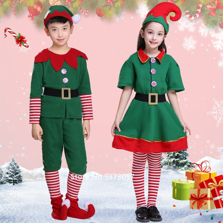 Christmas Cosplay Halloween Costumes for Kids Boy Girls Elf Grinch Dress Year Xmas Carnival Party Santa Claus with Hat