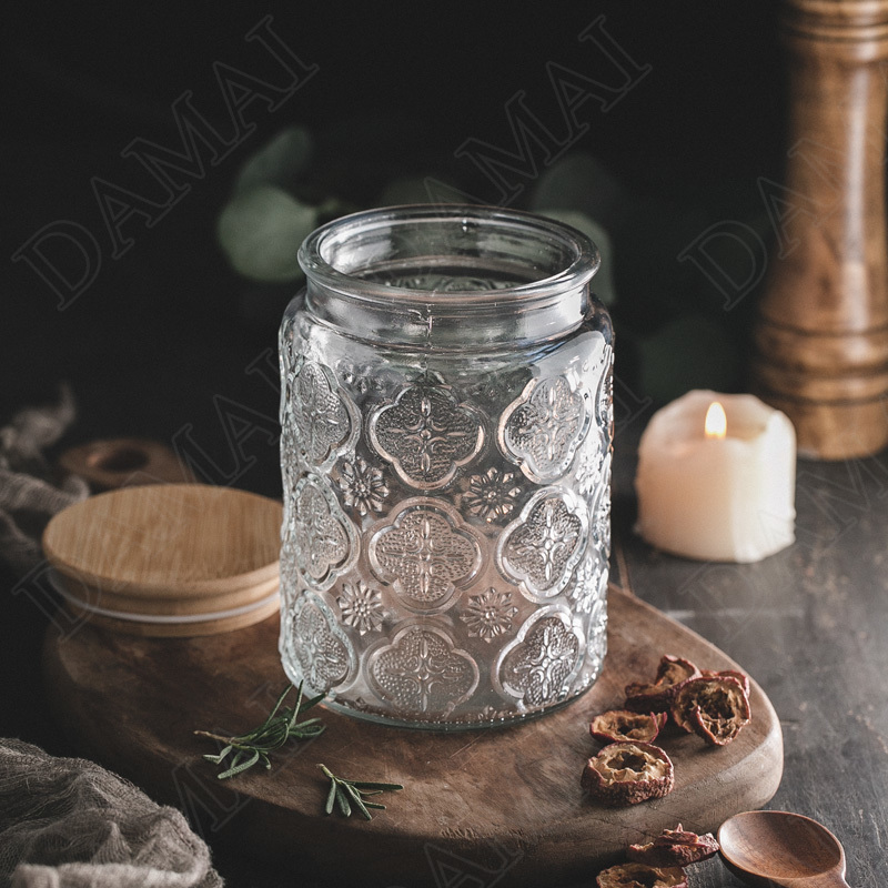 Relief Glass Storage Jar Carved Flower with Wooden Lid Sugar Crystal Jars Seal Tea Caddy Grain Dispenser Kitchen Supplies