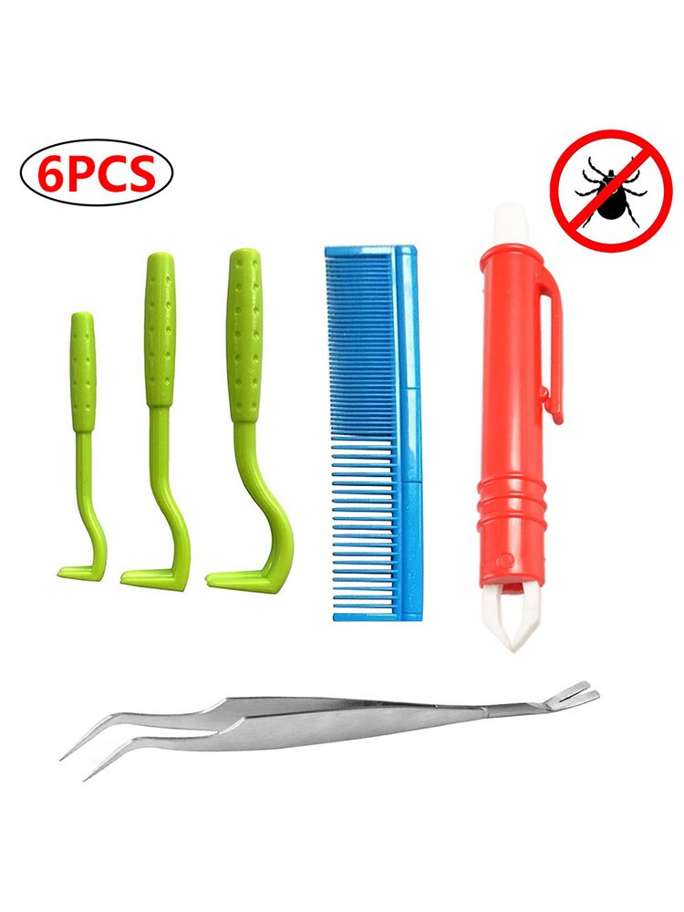 Juego de Herramientas para quitar garrapatas, gancho de garrapatas, abrazadera de doble cabeza de acero inoxidable, pinzas para garrapatas de para perros y gatos, peine para pulgas, 6 uds.