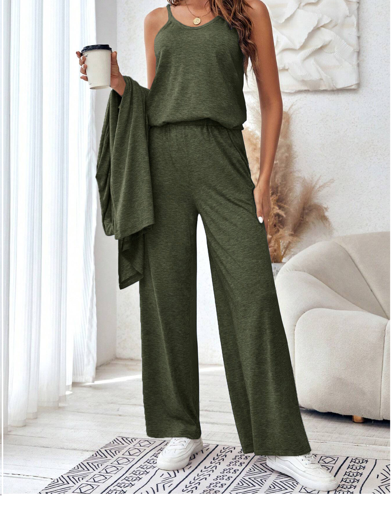 Autumn casual loose three piece set women's vest pants cardigan three piece set V-neck suspender+straight leg pants+