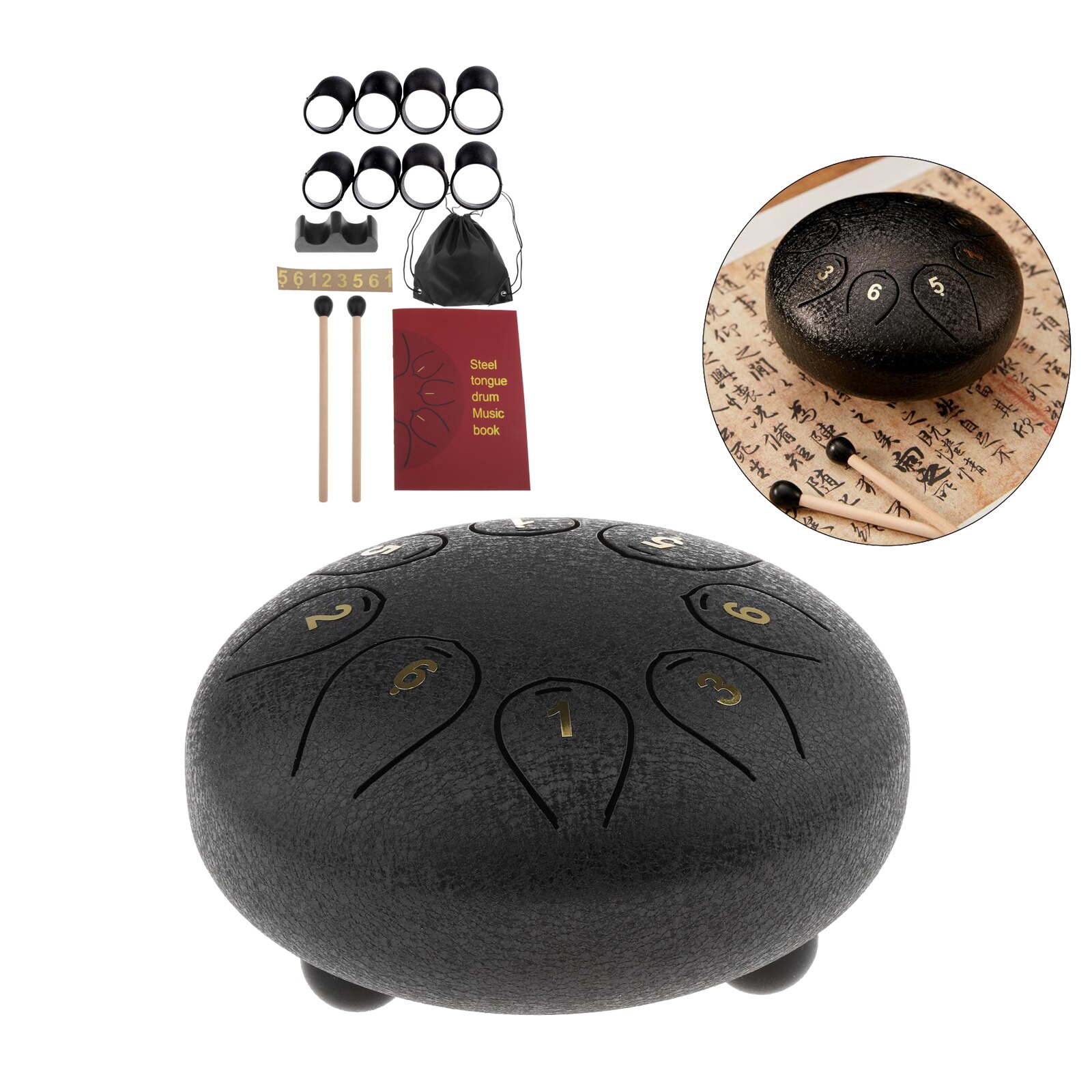 6" Steel Tongue Drum Handpan Hand Pan Drum w/ Bag Mallets Mind: black