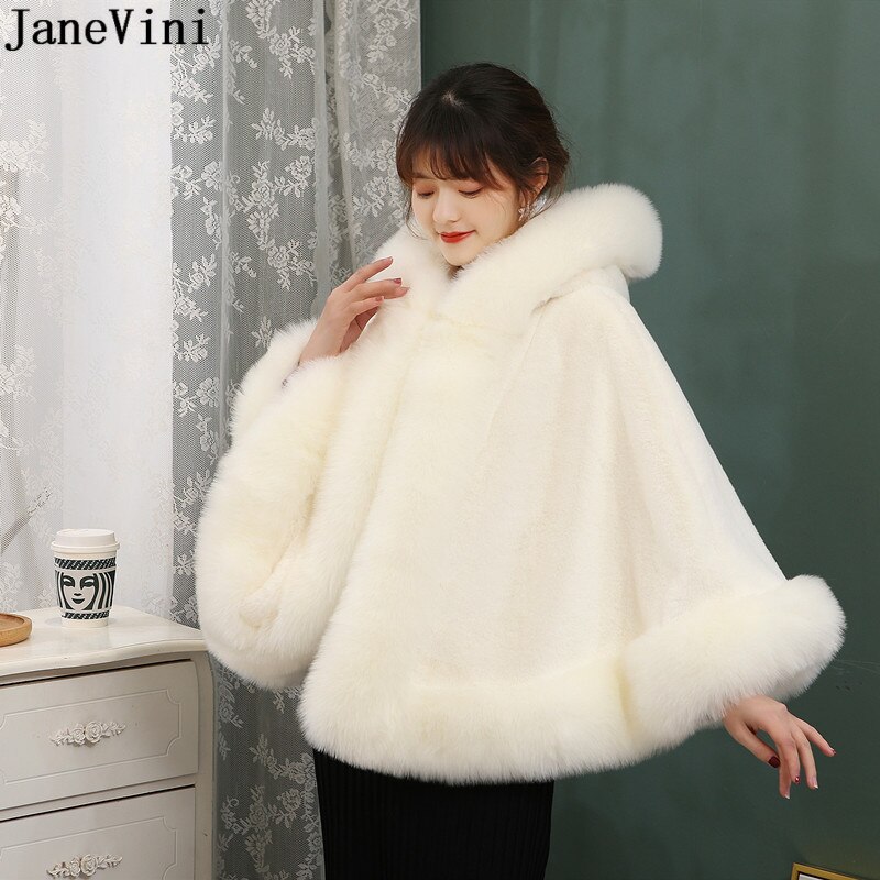 JaneVini bianco rosso pelliccia sintetica avvolgere da sposa inverno matrimonio donna scialle con cappuccio stola di pelliccia coprispalle mantello soprasse Fourrure Blanche Mariage