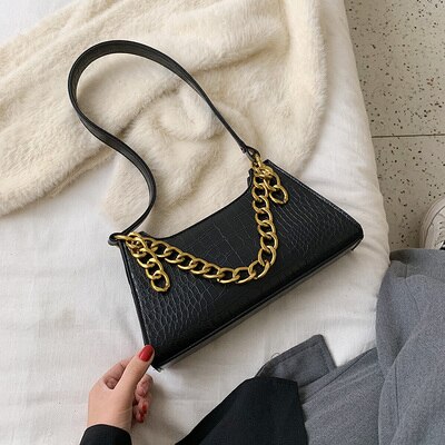 Casual alligator ketting handtassen dames krokodillenpatroon schoudertassen dames pu leren okselpakket dames handtas clutch: Zwart