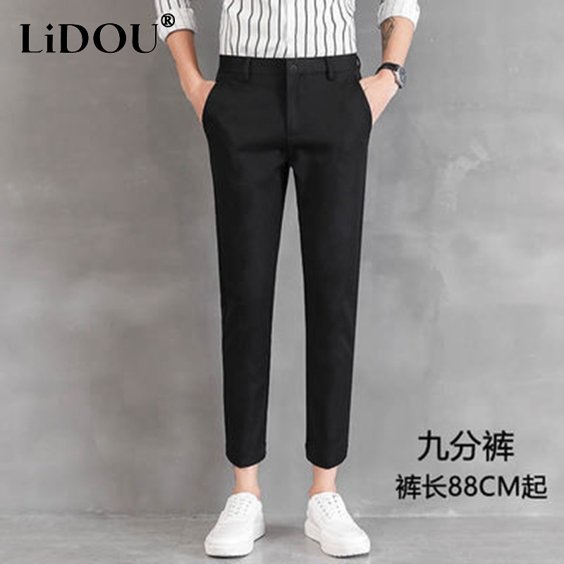 Zomer Casual Mode Pak Broek Man Effen Kleur Rits Zakken Slank Kantoor Enkellange Broek Mannen Koreaanse Stijl Potlood Broek