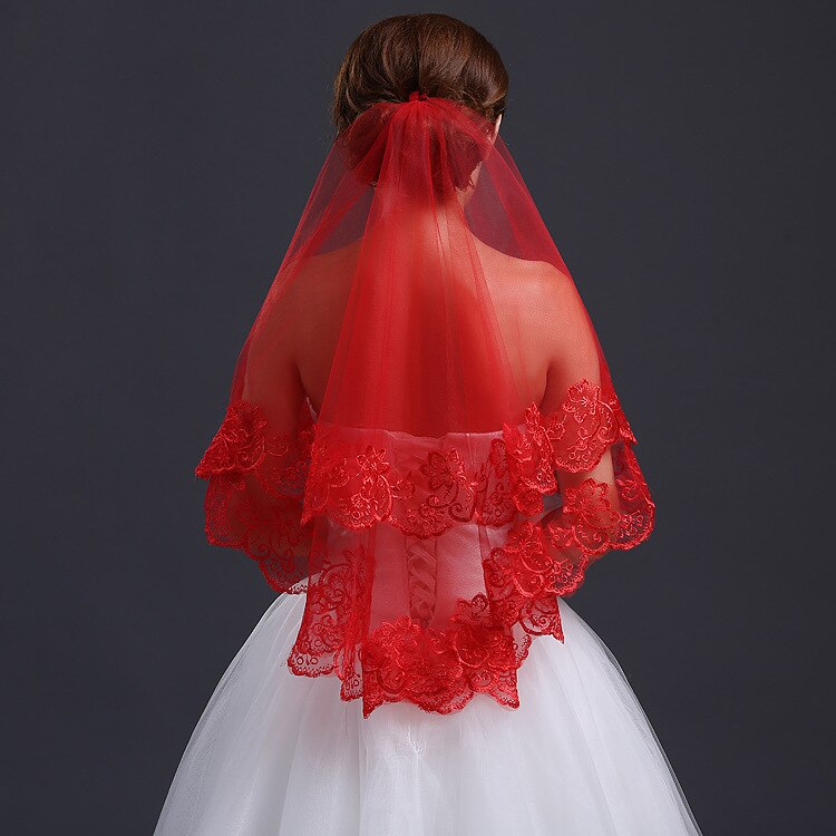 Bridal Red Veil Wedding Lace Embroidered Veil