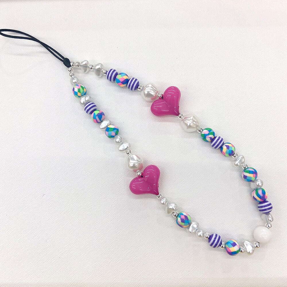 Colorful Beads Mobile Phone Chain Lanyards for Women Girls Bohemia Heart Pearl Rope For Phone Case Hanging Cord CellPhone Strap: 1-32cm