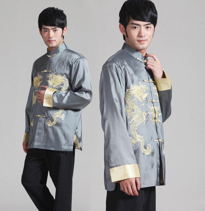 Chinese Kung Fu Geborduurde Gouden Dubbele Draak Tang Pak Mannen Met Lange Mouwen Jas Lente Herfst Leisure Kraag Jas bruce Lee: Grey / XXXL