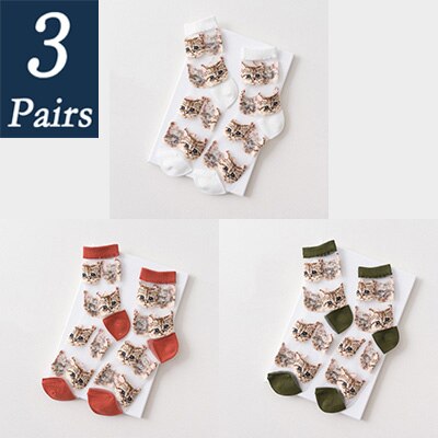 3 par kvinnor och #39 sommar genomskinliga nätstrumpor tecknad söt kattstrumpa bomull glasfilament tunna damstrumpor som andas: 14