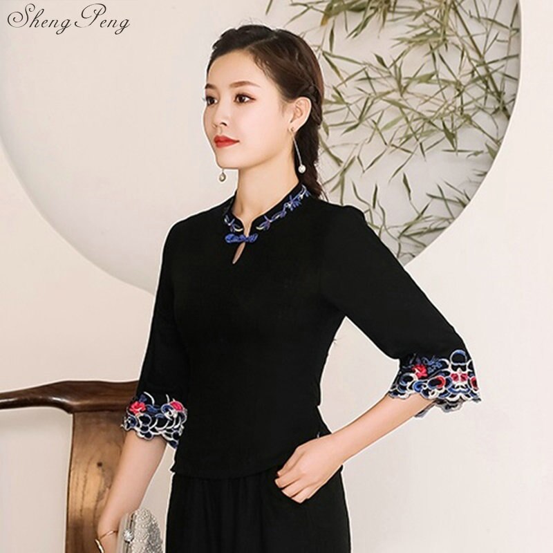 Vêtements traditionnels chinois pour femmes, haut cheongsam, col mandarin, hauts et chemisiers pour femmes, vêtements orientaux en chine  v1604