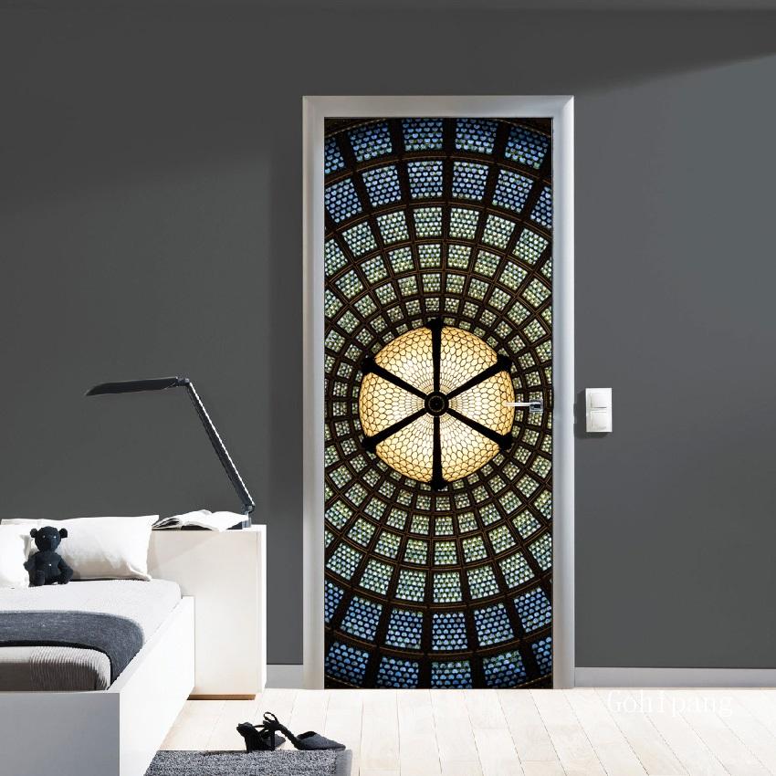 Abstract Style 3D Geometric Door Sticker DIY Renovation Mural Waterproof Print Picture Home Decor Renovation Poster PVC Sticker: Army Green / 77x200cm