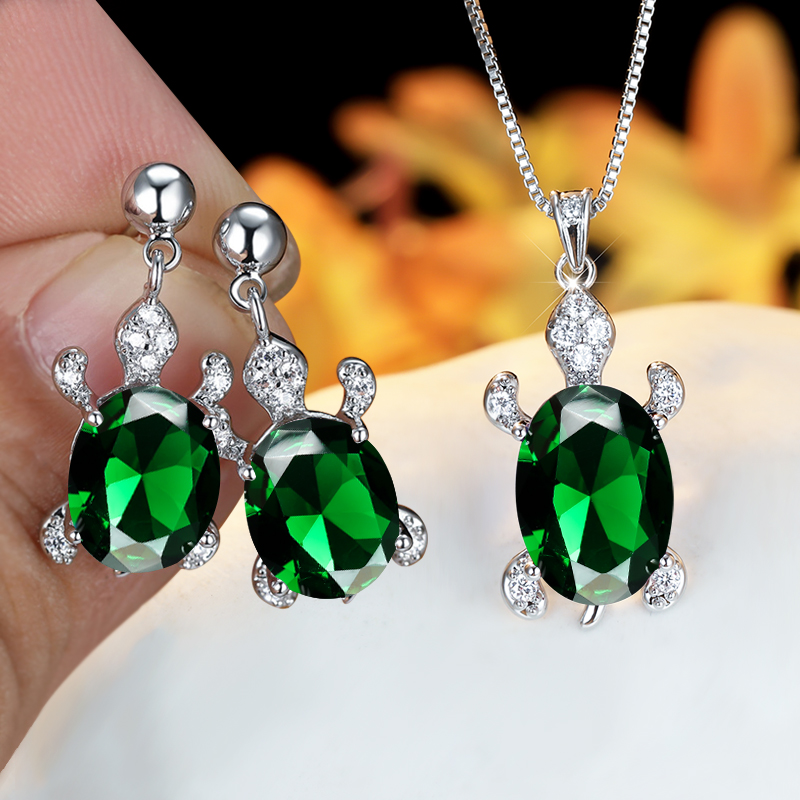Regenboog Opaal Grote Ovale Steen Zee Schildpad Sieraden Sets Multicolor Crystal Tortoise Kettingen Oorbellen Voor Vrouwen Wedding Bridal Sets: Green