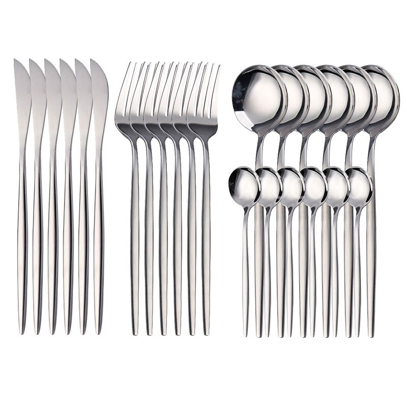 Couverts colorés en acier inoxydable, 6-24 pièces, couteau, fourchette, cuillère, service de table, vaisselle en or, service de table, ustensiles de cuisine: Silver-24PCS