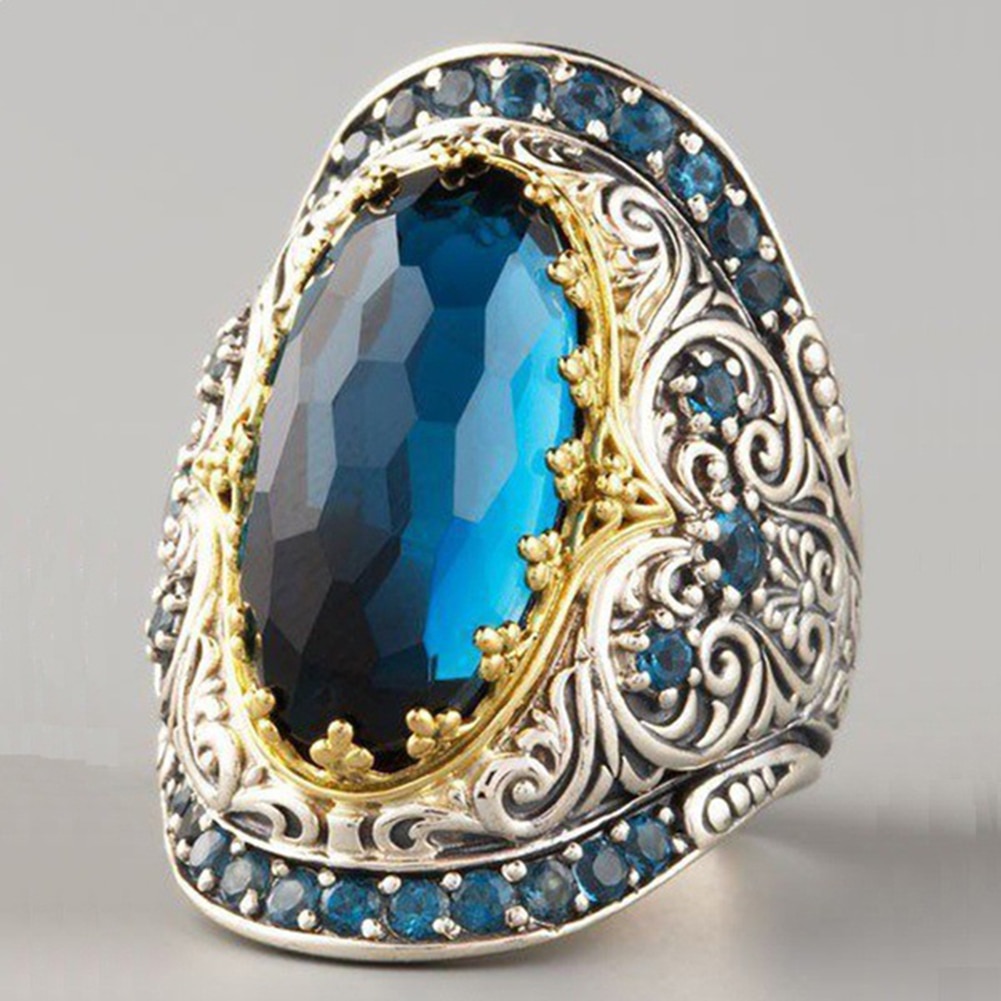 Vrouwen Vintage Blauwe Ringen Strass Bruiloft Engagement Finger Ring Mannen Ring Boho Grote Ovale Partij Sieraden