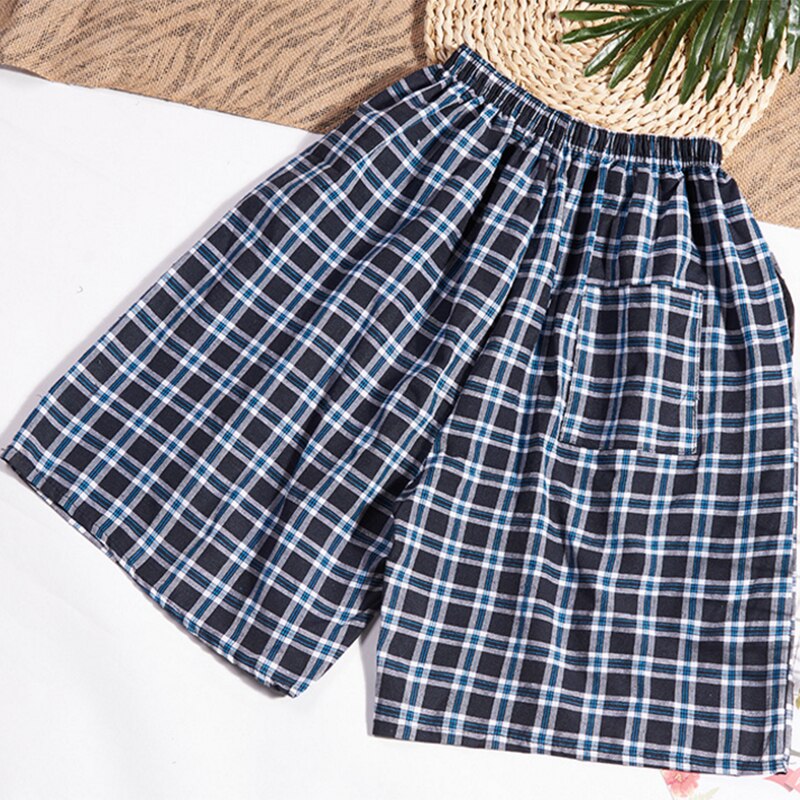 1pcs Men Men's Cotton Shorts Double Gauze Casual Living Pants Beach Pants Cotton Plaid Sleepwear Mens Pajama