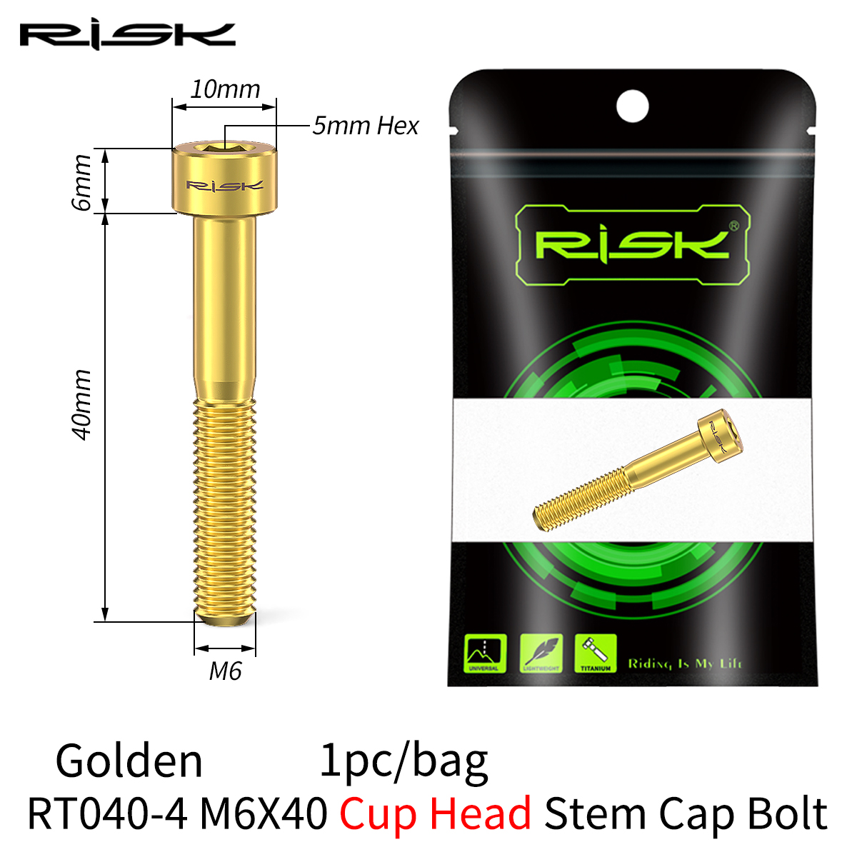 RISK 1PCS M6x30 M6x35 M6x40 M6x50mm Bicycle Headset Bolts Titanium Stem Cap Screws for Mountain MTB Road Bike M6*30/35/40/50mm: light yellow