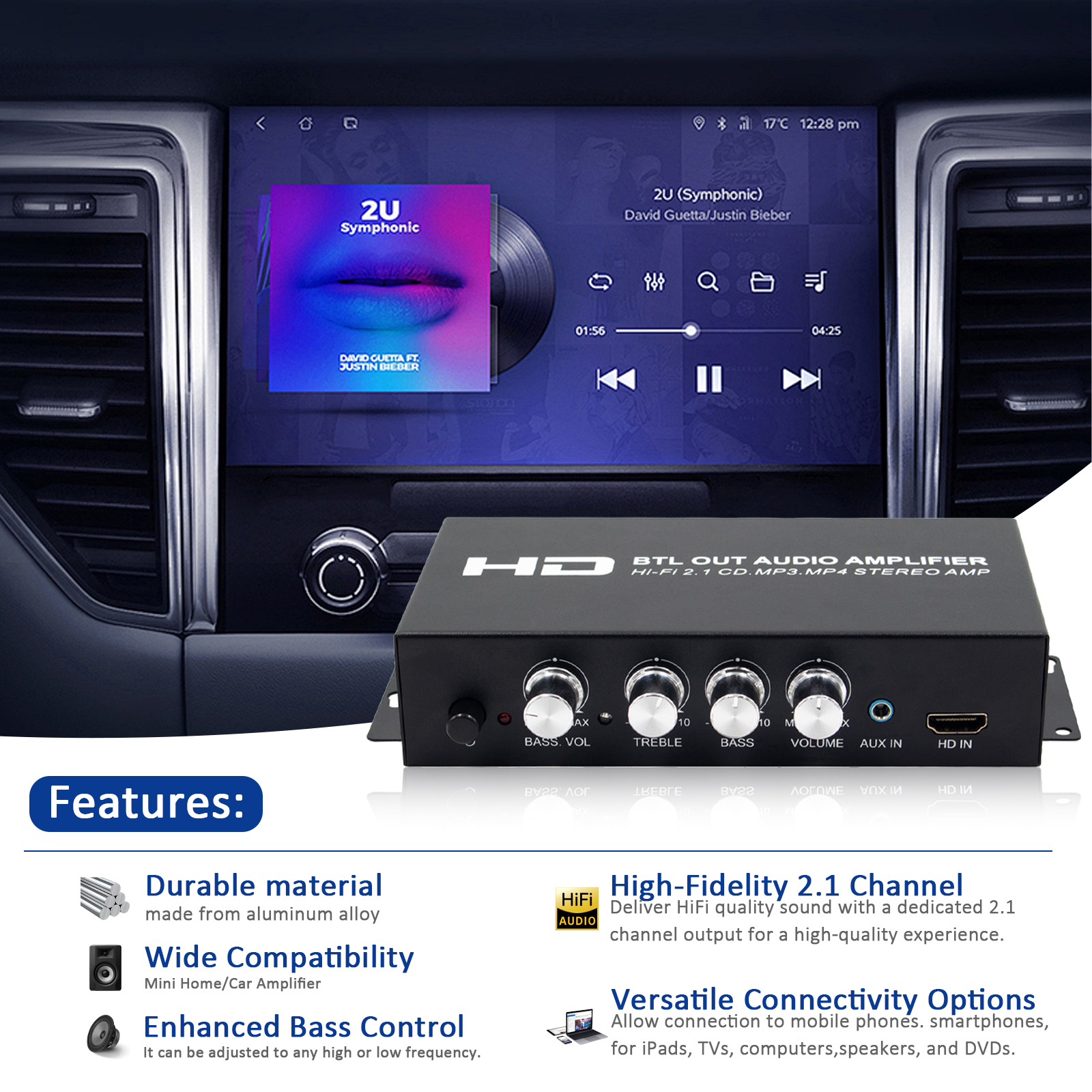 Sound Amplifier 2.1CH Bluetooth 5.0,Digital Bass Amplifier,Mini AMP Driver Lossless Music Amp for Home Car Meeting
