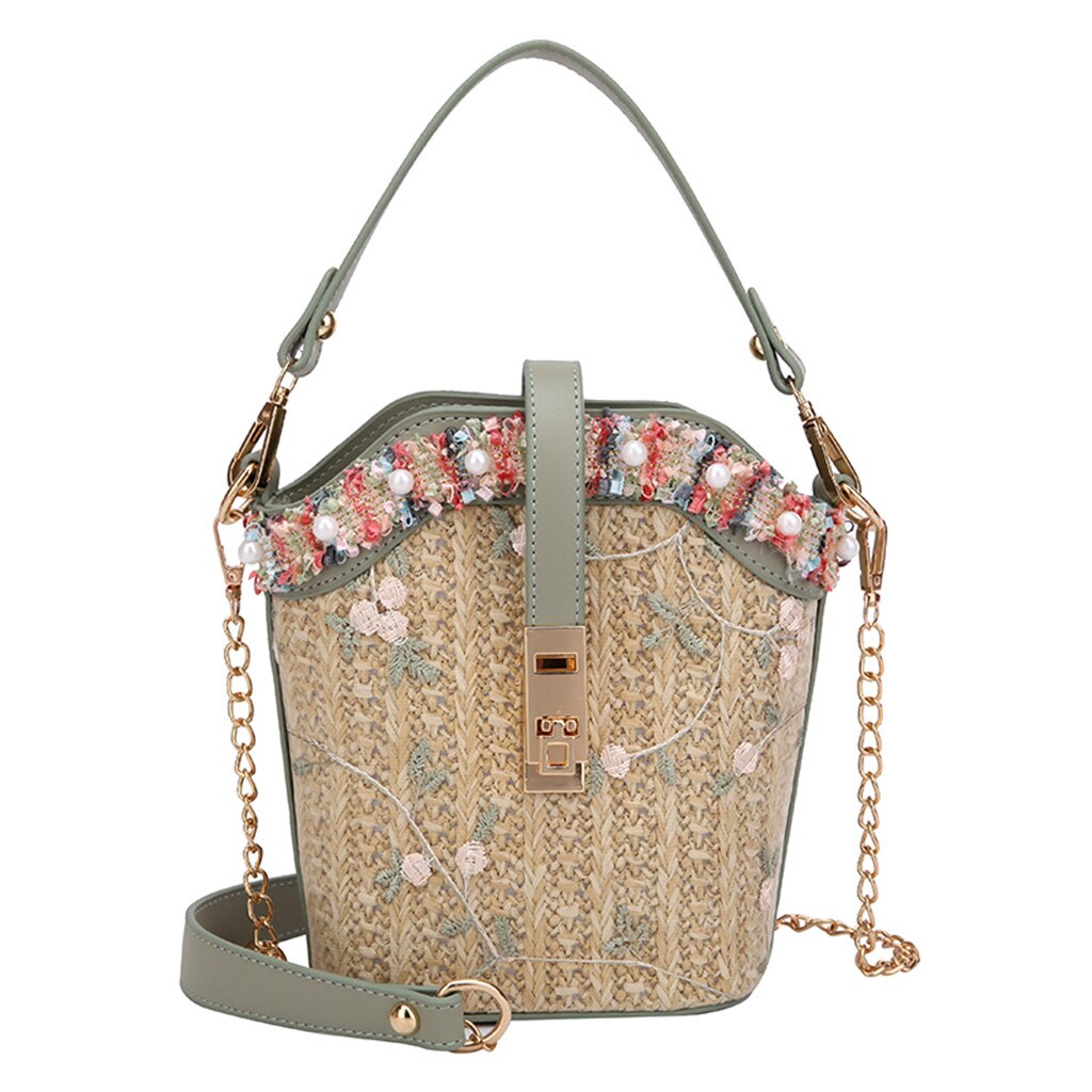 Summer Bag With Flowers Women Csual Beach Vacation Simple Lace Embroid Straw Bucket Bag Burlap Square Bag Messenger Bag: Green