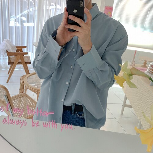 Autumn Solid Lapel Loose Shirt Men Korean Long-sleeved Single-breasted Slim Men's Shirt: Blue / L