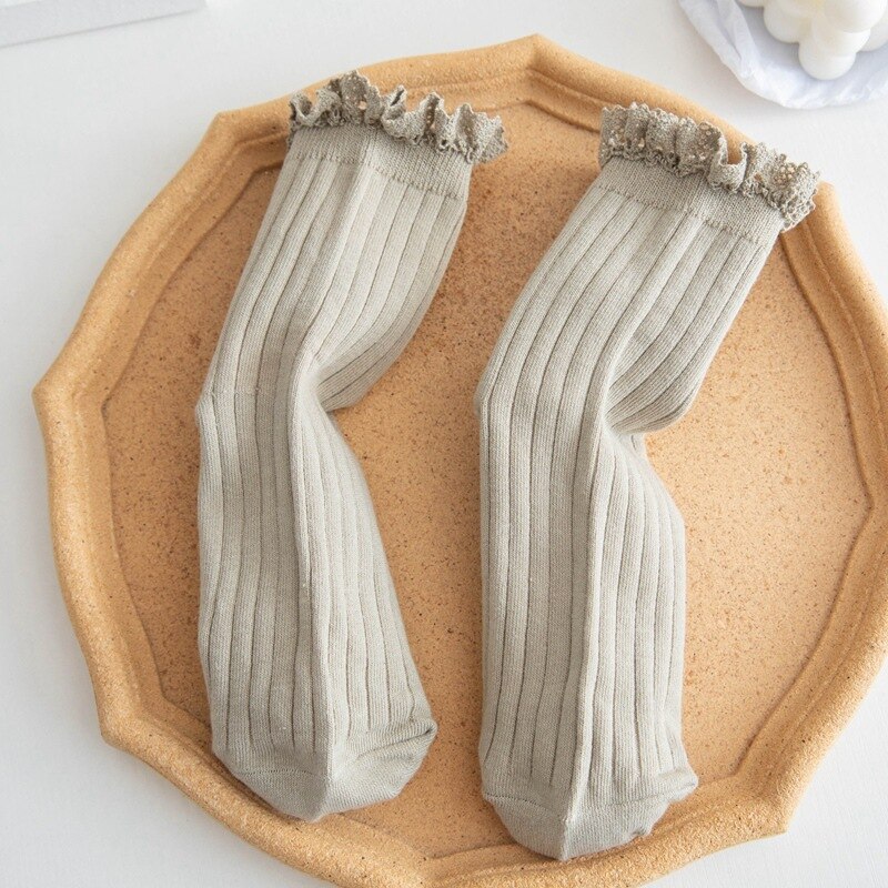 Japanese Style High School Students Loose Long Socks Solid Lacework Frilly Ruffle Socks Sweet Girls Kawaii Cute Woman Socks Sox: Light Gren