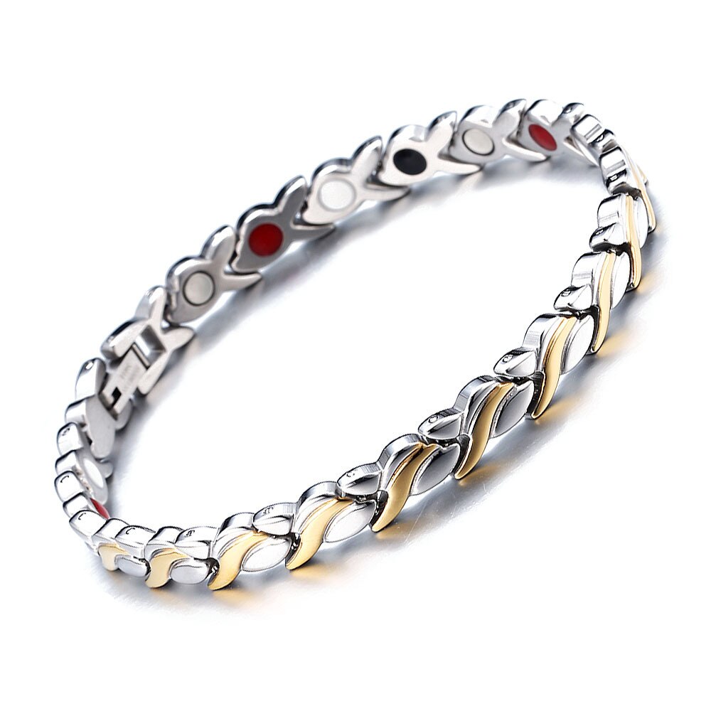 Bracelet amincissant classique ondulé, breloque en acier titane et or noir, Bracelet magnétique à feuilles pour sport, soins de santé, perte de poids, produit: Argent