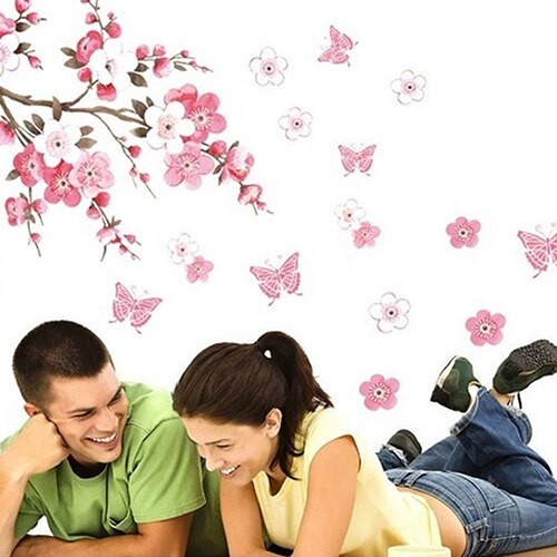 Pink Cherry Blossom Flower Wall Stickers Decals Romantic Flower Mural Vinyl Wallpaper Home Living Room Bedroom Decor