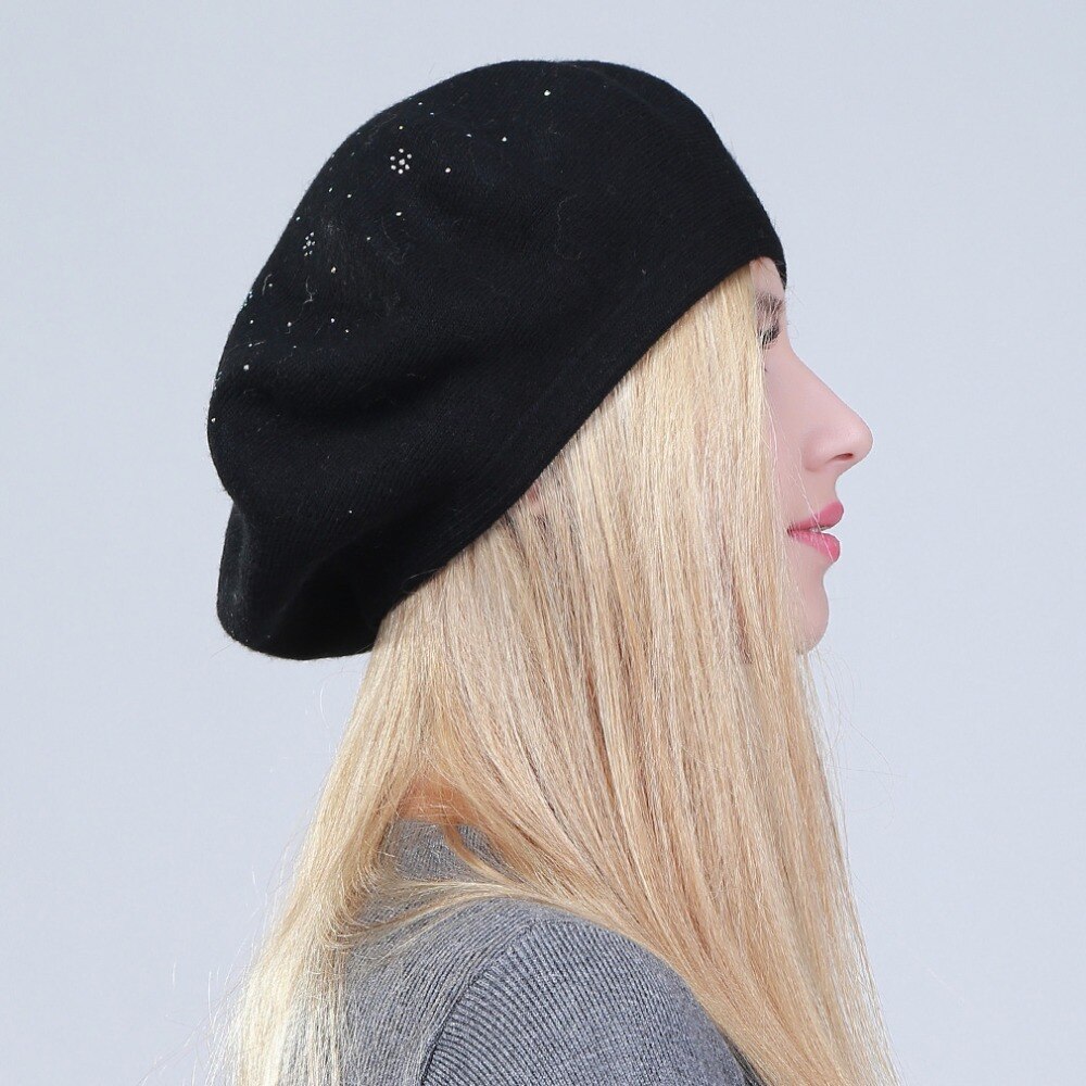 Geebro Women's Berets Hat Solid Color Wool Knitted Berets With Rhinestones Ladies French Artist Beanie Beret Hat GS108