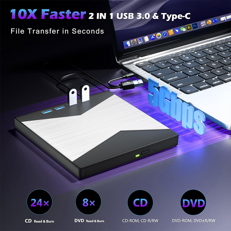 External CD/DVD Drive for Laptop DVD Player for PC 8-IN-1 CD Burner with 4 USB Ports and TF/SD Card Slots External Disk Drives