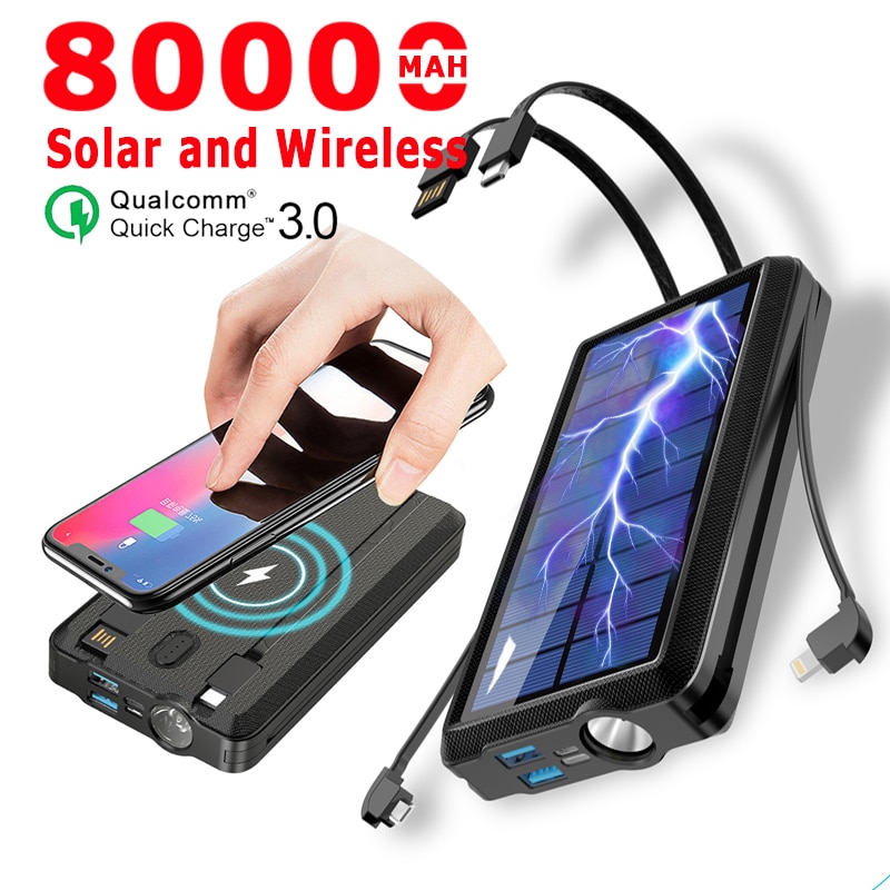 80000Mah Solar Power Bank Qi Draadloze Draagbare Externe Lader Snel Opladen Poverbank Led Externe Batterij Voor Iphone Samsung