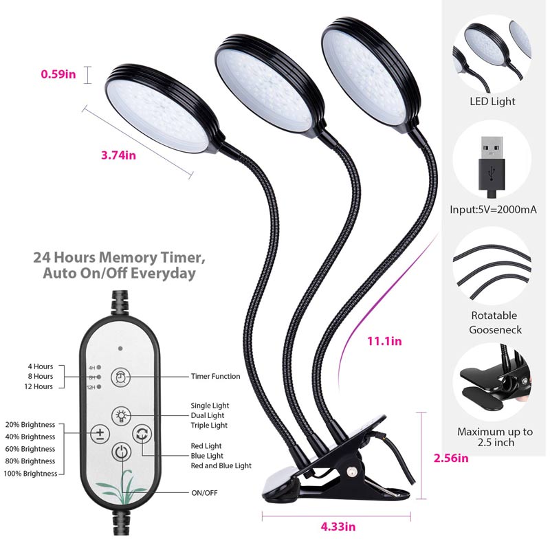Luz LED de 3 cabezas para plantas 45W, con USB, temporizador Flexible, atenuación, resistente al agua, lámpara para cultivo de plantas con Clip para maceta de invernadero