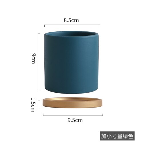 Eenvoudige, rechte, kleurrijke, cilindrische, keramische bloempot in europese stijl, vetplanten, bloemen, groene dillepot met gouden schaal: A8.5cm