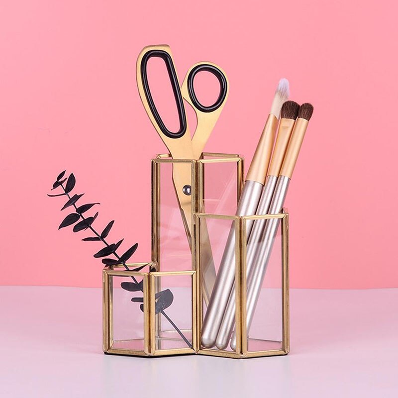 Glass Copper Hexagon Composite Pen Holder Makeup Brush Glass Box Multifunction Desktop Organizer Office Accessories